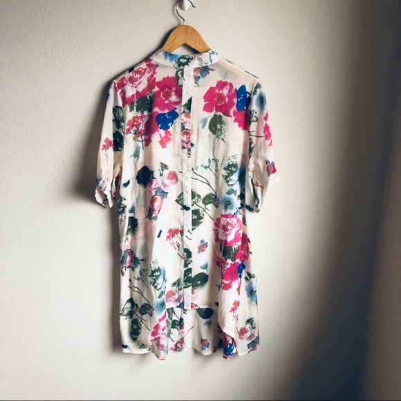 Ivory & pink sheer floral button up tunic - Picture 3 of 6